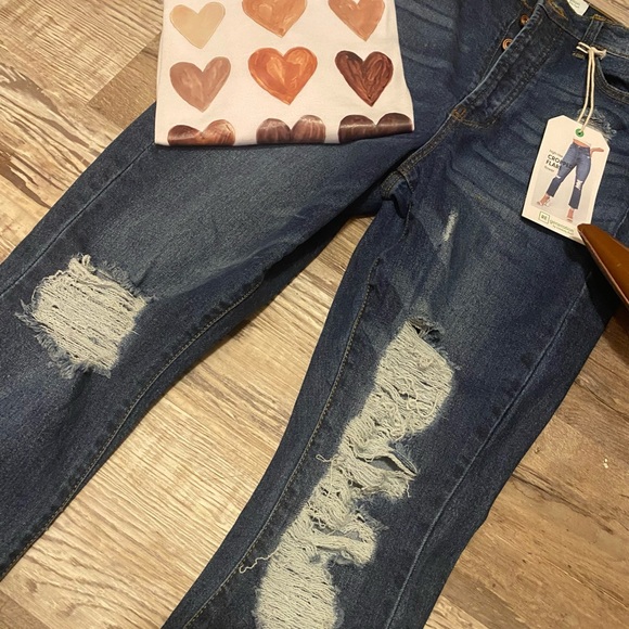 RE Generation High Rise Cropped Flare “Flower” Distressed Jeans, Dark Denim, - Picture 9 of 16